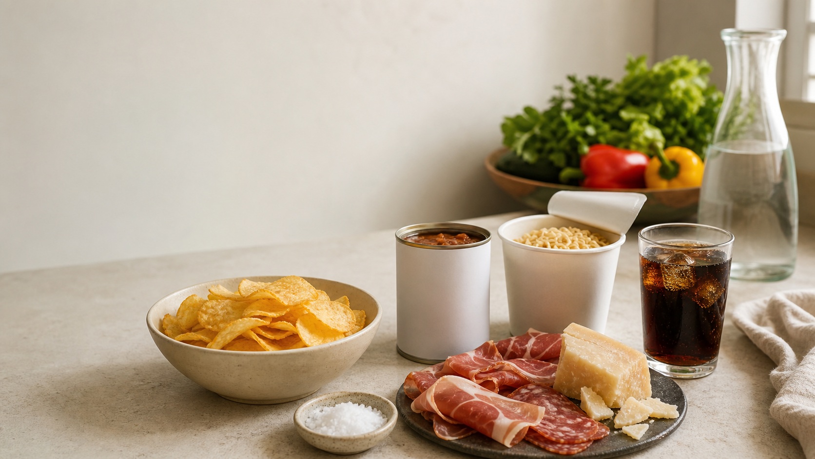 Aliments salés et ultra-transformés à limiter pour la santé des reins, présentés sur un plan de travail de cuisine lumineux.