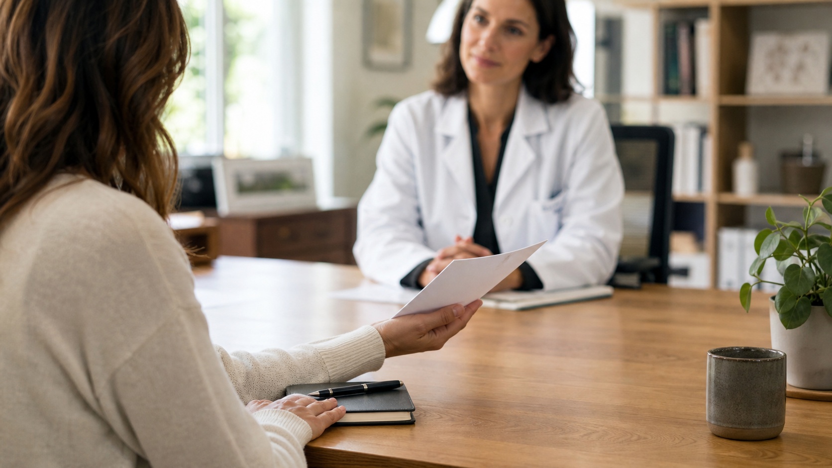 Patiente en consultation avec une médecin, tenant un document médical pour illustrer la prolongation d’un arrêt maladie.