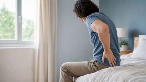 Personne assise sur un lit, tenant son flanc dans une chambre lumineuse, illustrant la douleur d’une colique néphrétique.