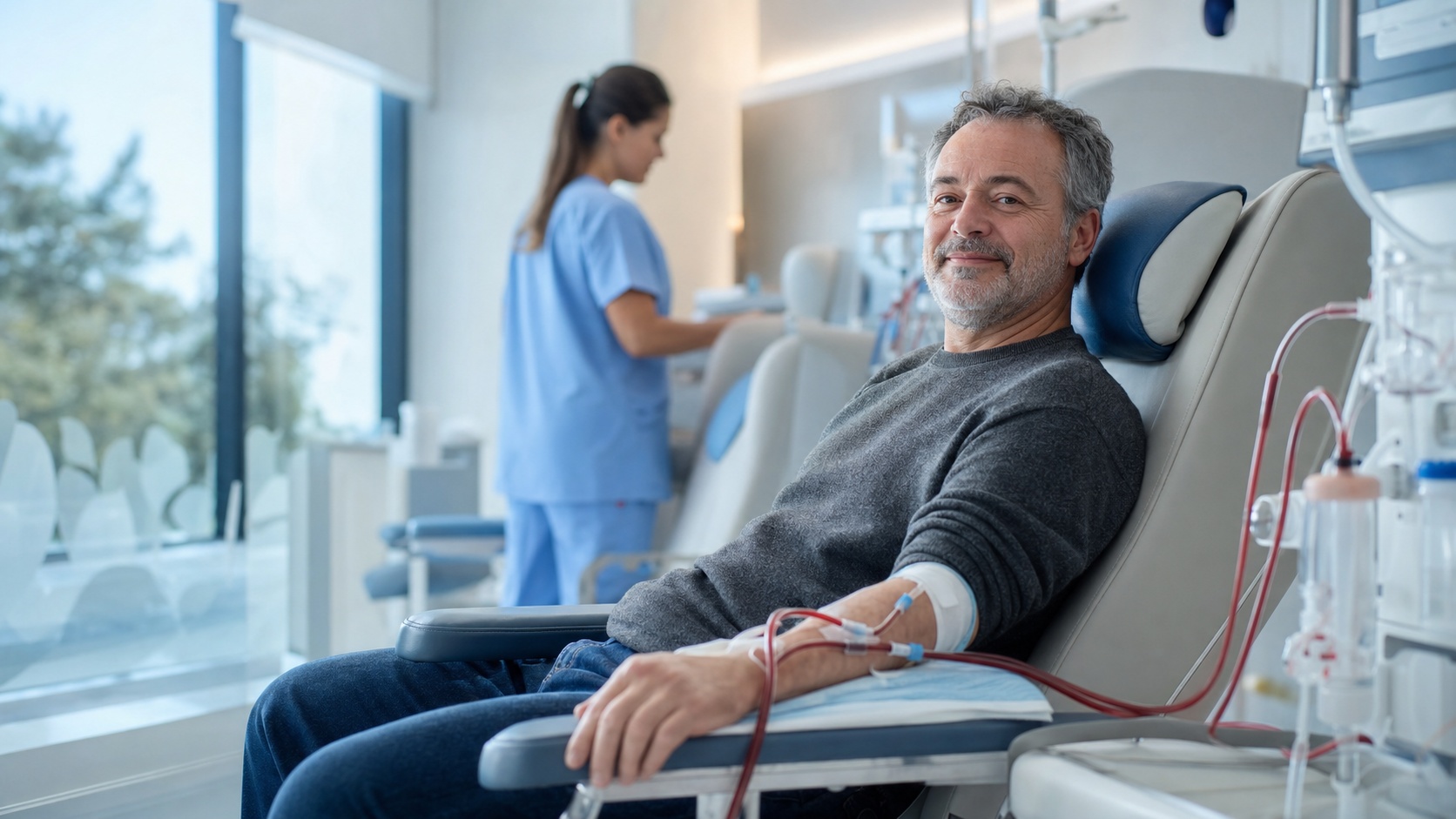 Patient adulte recevant une séance de dialyse dans une clinique de néphrologie moderne, avec machine de dialyse et soignant à proximité.