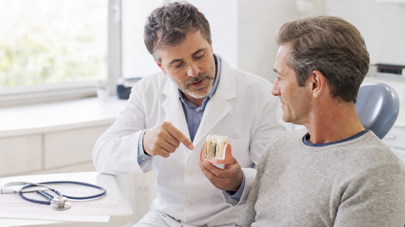 Consultation entre un dentiste et un patient au sujet d’un implant dentaire, avec un stéthoscope évoquant les précautions cardiaques.