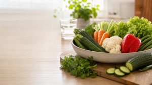 Assortiment frais de légumes variés dans une cuisine lumineuse, pour illustrer l’alimentation adaptée à la santé rénale.
