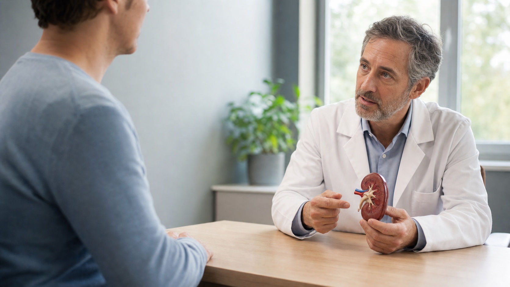 Consultation de néphrologie entre un médecin et un patient autour d’un modèle anatomique de rein