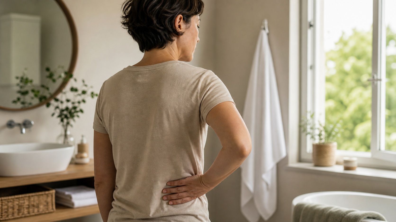 Personne de dos posant une main sur le haut de l’abdomen dans une salle de bain lumineuse, illustration photoréaliste du lien entre maladie du foie et odeur corporelle.