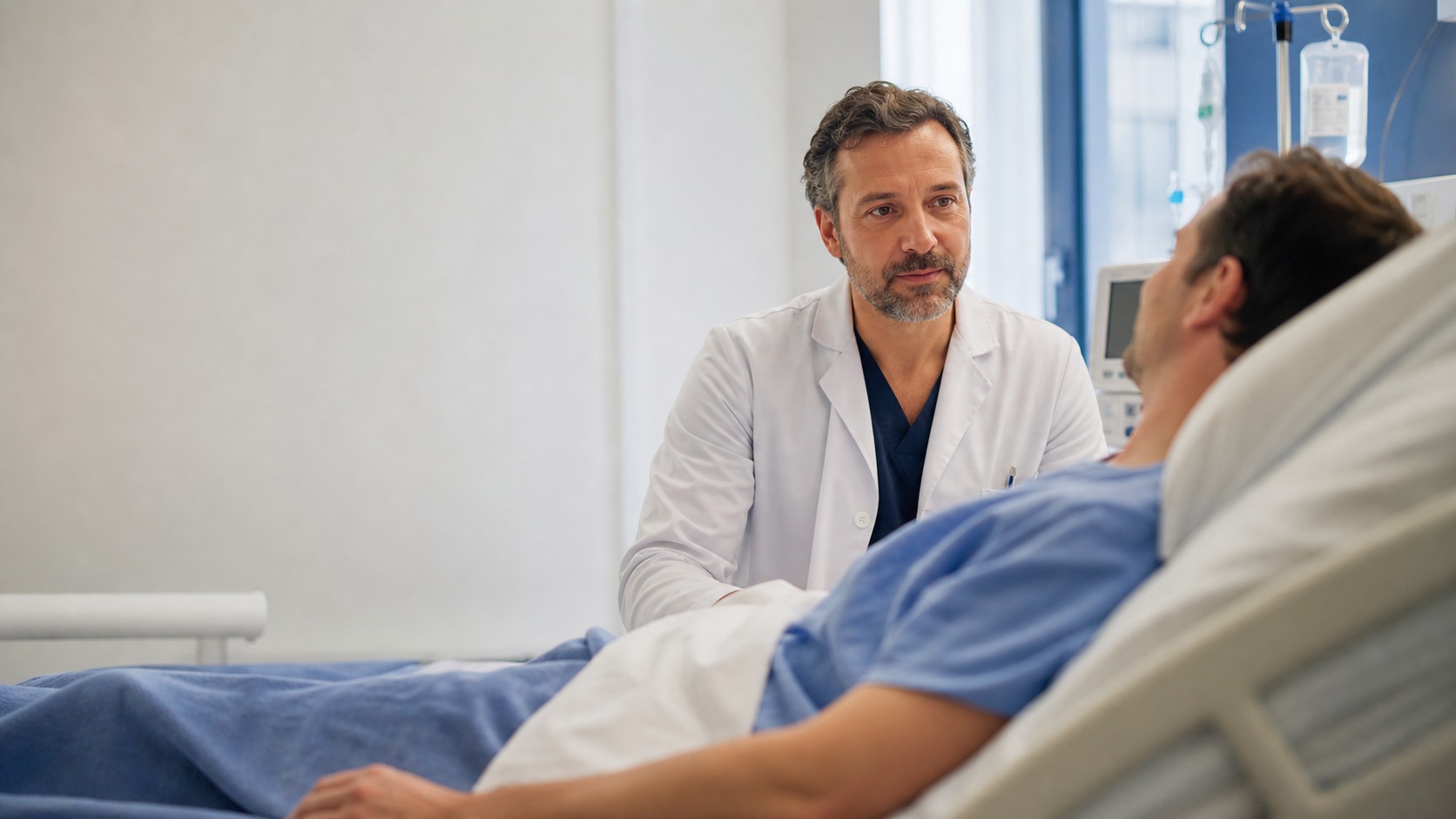 Patient adulte en observation dans une chambre d’urologie après la pose d’une sonde JJ, accompagné d’un professionnel de santé.