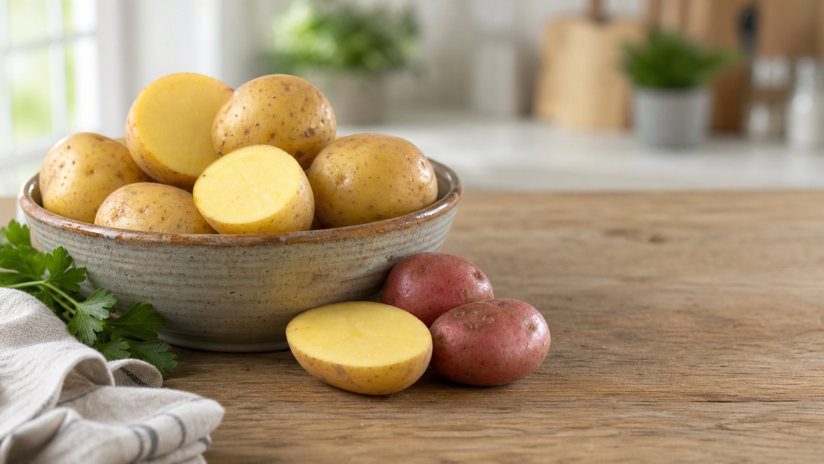Pommes de terre jaunes et rouges entières et coupées dans un bol rustique sur une table en bois, éclairées par une lumière naturelle.