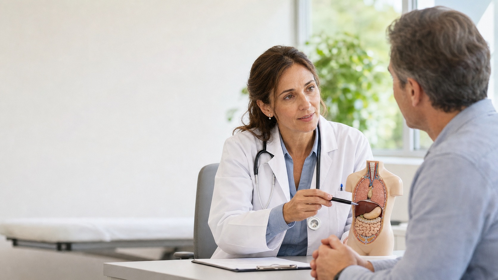 Consultation médicale rassurante entre une médecin et un patient autour d’un modèle anatomique illustrant le foie