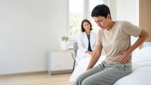 Patient assis sur un lit dans une salle de consultation médicale, tenant son flanc en raison d’une douleur intense liée à une sonde JJ, avec un soignant en arrière-plan.