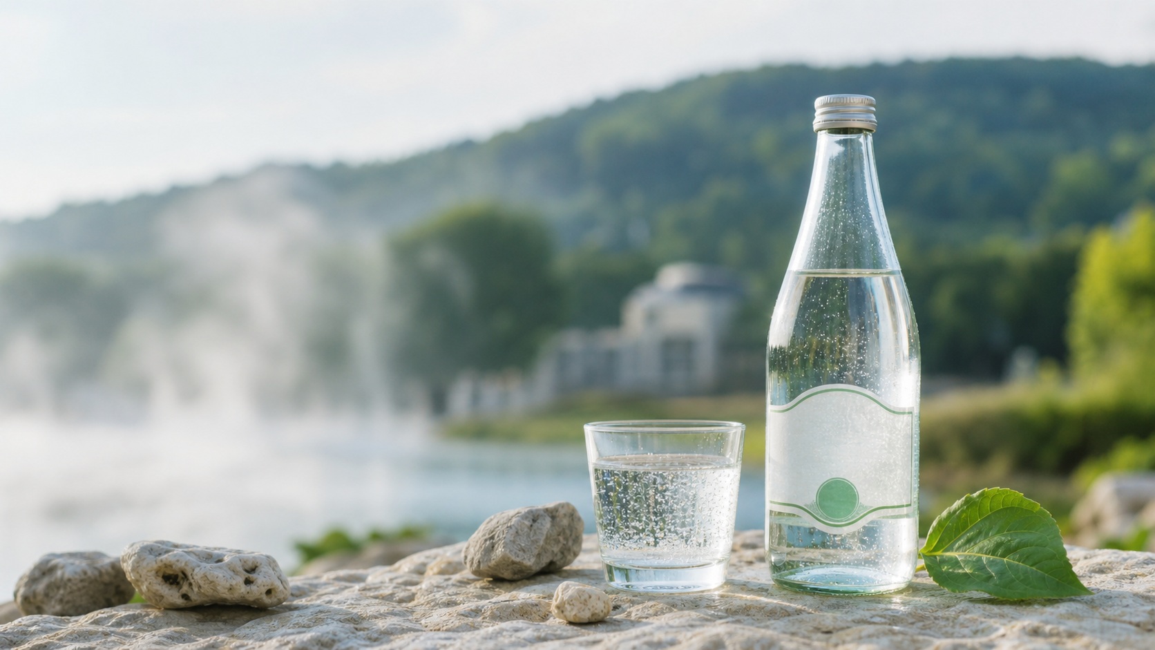 Bouteille d’eau minérale gazeuse Saint-Yorre non étiquetée, verre pétillant et pierres minérales sur fond naturel lumineux évoquant la région de Vichy.