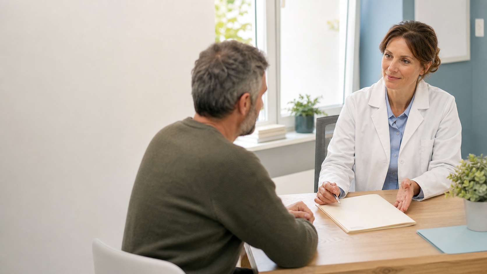 Patient adulte échangeant sereinement avec une néphrologue lors d’un suivi médical dans un cabinet lumineux.
