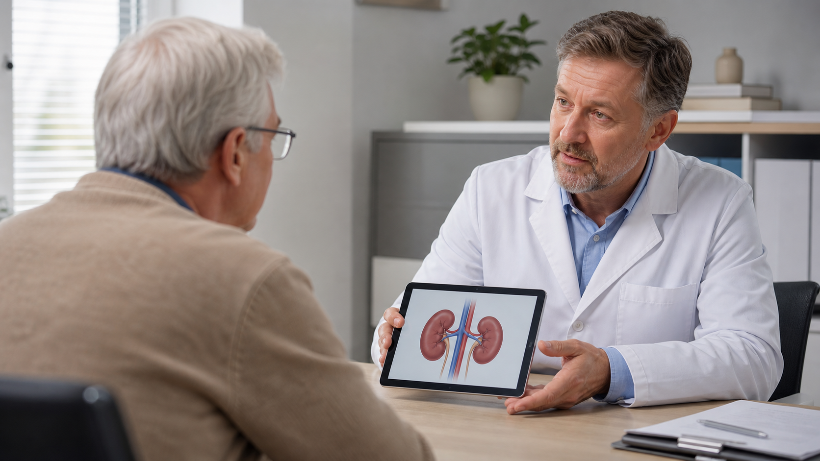 Un médecin explique un bilan rénal et le DFG à un patient senior.