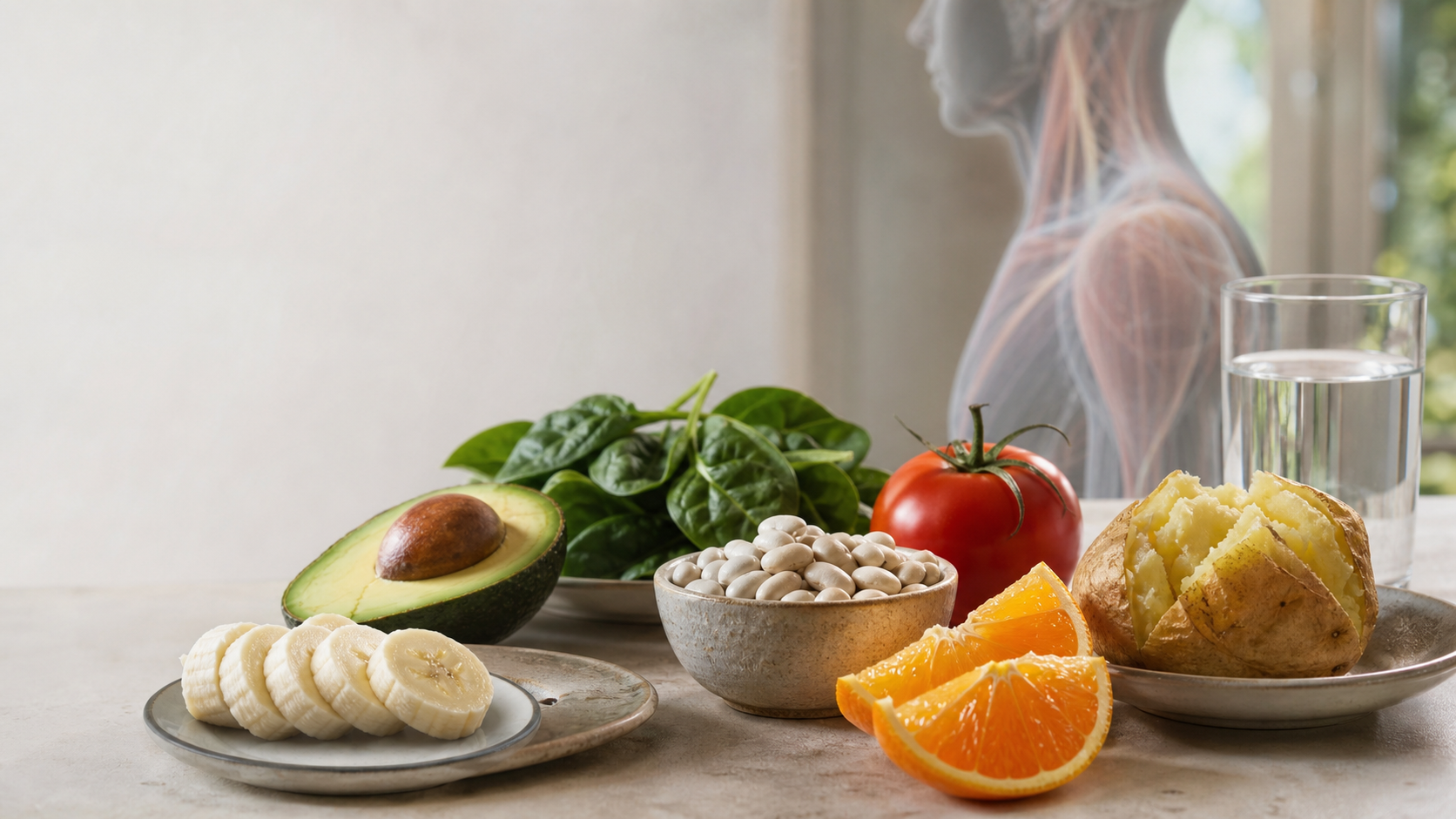 Aliments riches en potassium disposés sur une table, avec banane, avocat, épinards, tomate, orange, haricots blancs et pomme de terre, dans une ambiance médicale et naturelle