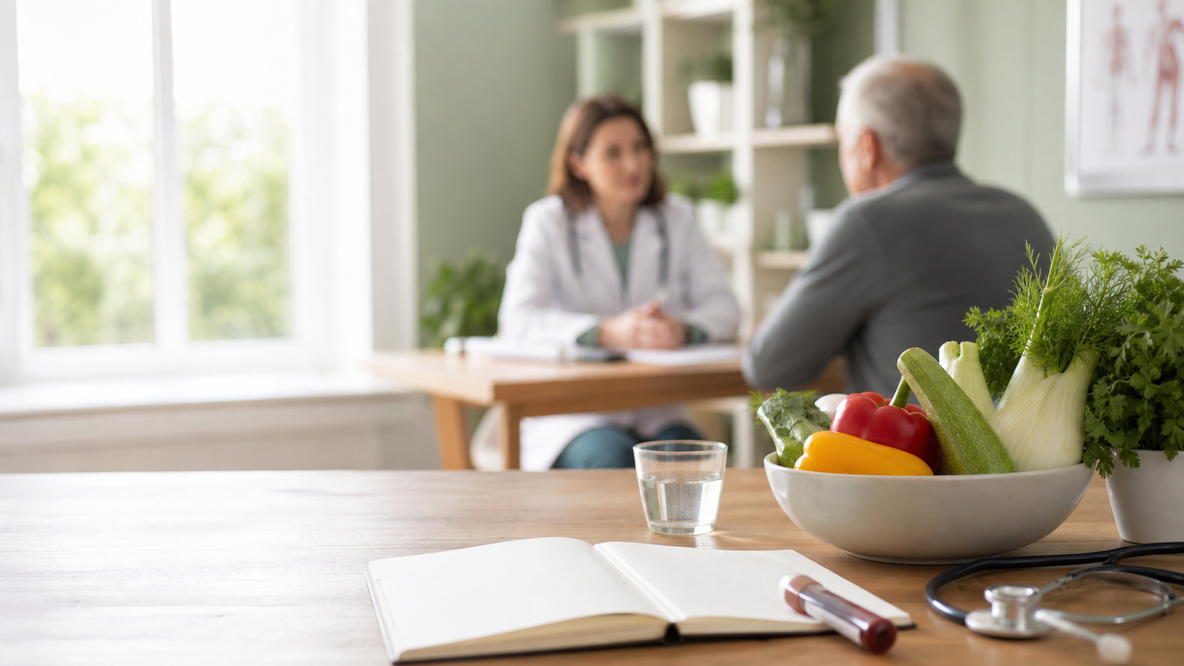 Consultation médicale sur l’alimentation et le potassium élevé, avec légumes, stéthoscope et analyse sanguine sur un bureau lumineux