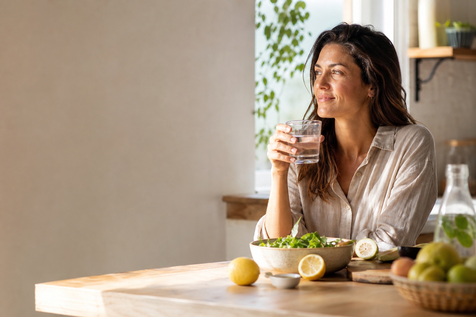 Femme assise dans une cuisine lumineuse, tenant un verre d’eau devant un repas sain composé de salade et de citron, illustration du jeûne et de la santé du foie.