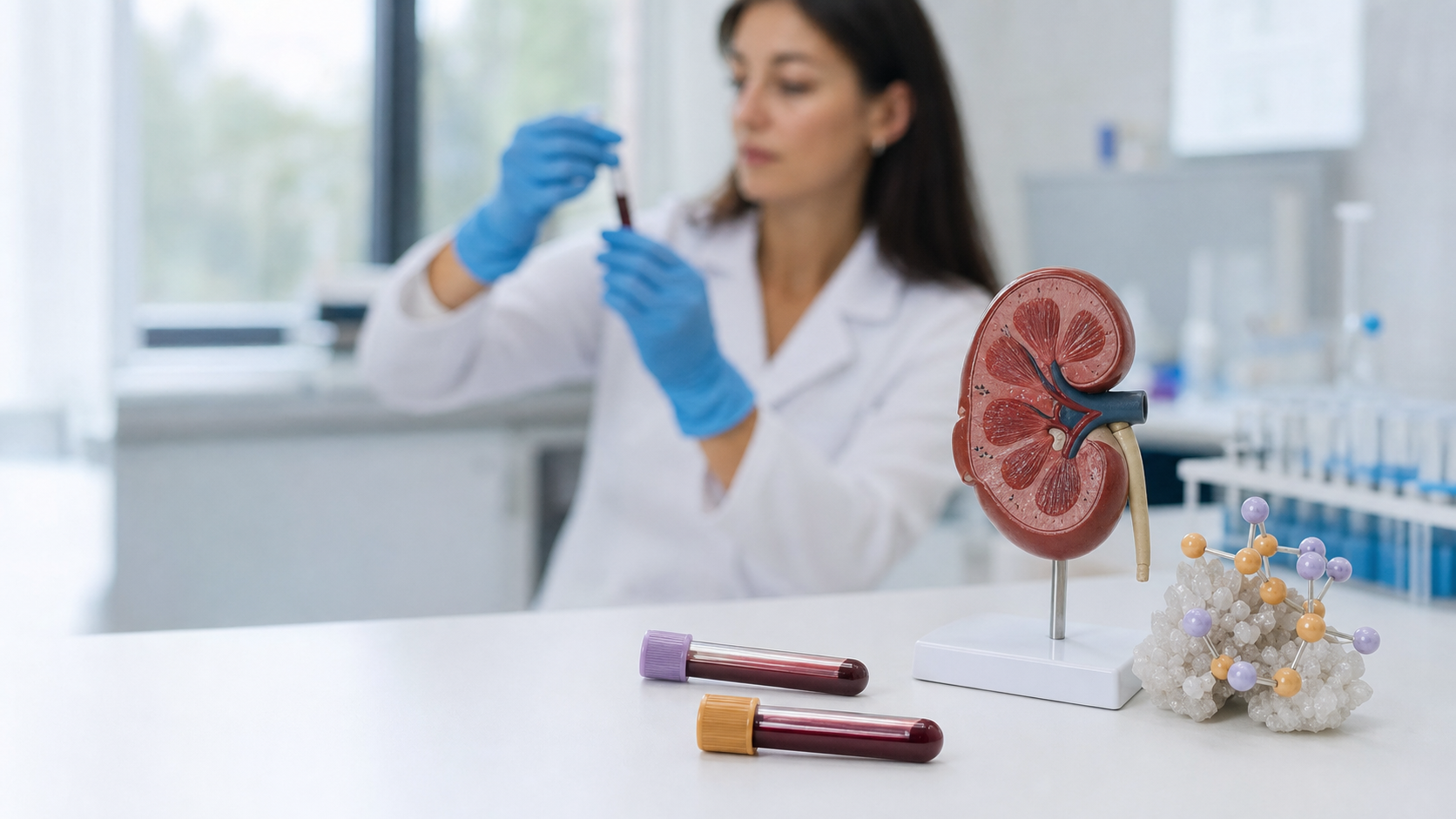 Laboratoire médical avec tubes de sang, modèle anatomique de rein et représentation moléculaire évoquant la calcémie et la phosphorémie.