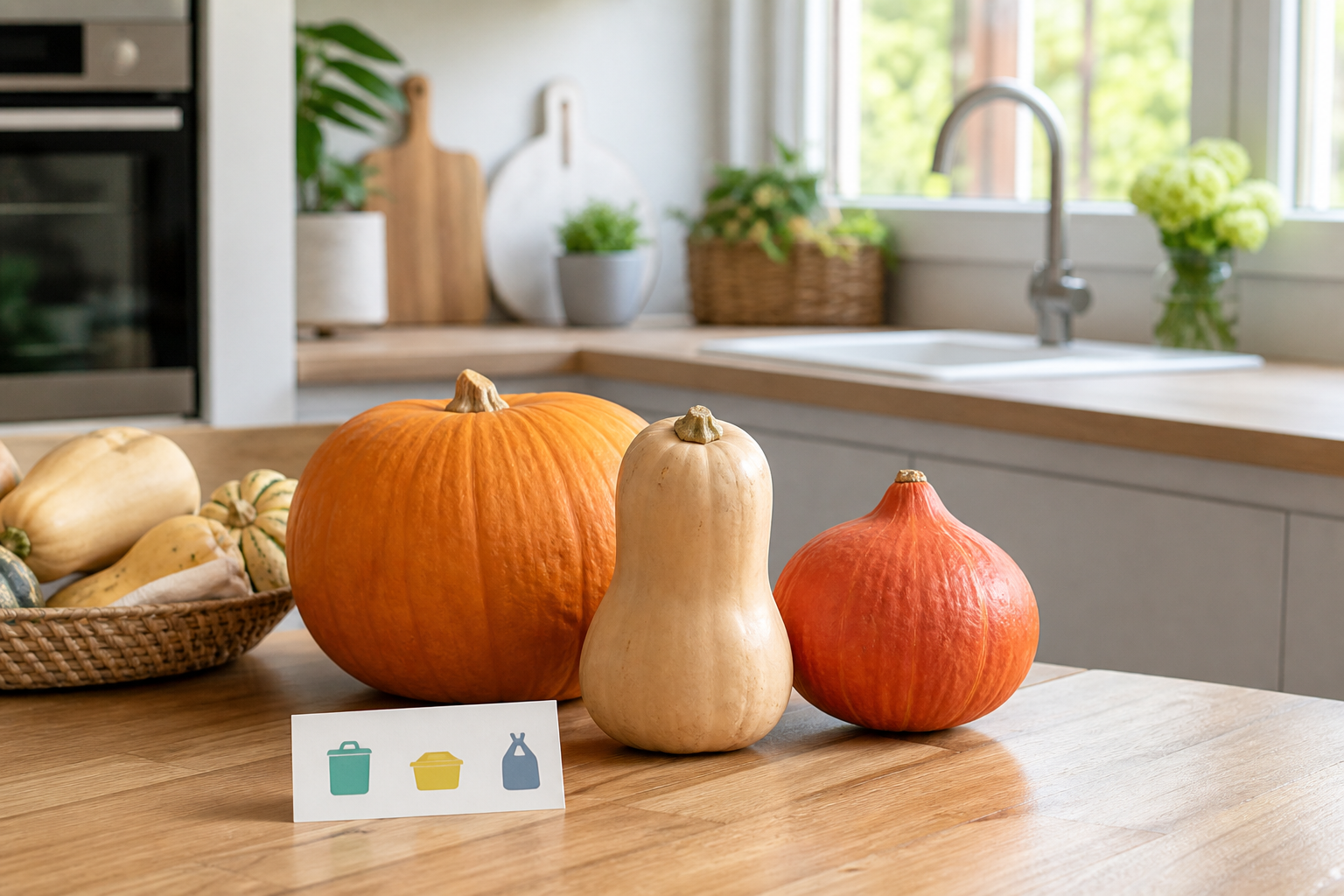 Courges comestibles d’automne sur une table, illustration de prévention alimentaire