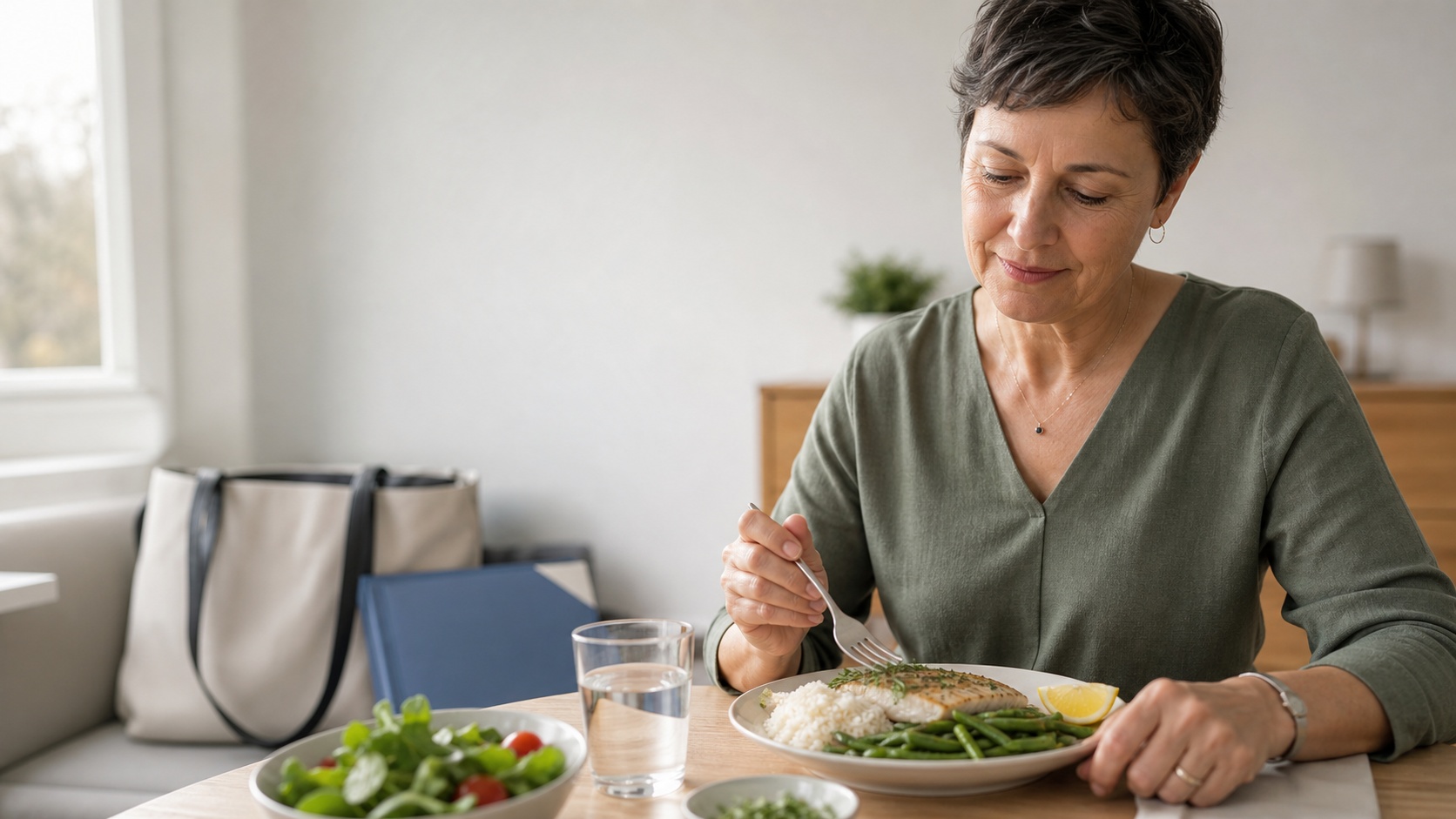Repas équilibré à domicile avec poisson, riz et légumes pour illustrer l’alimentation après dialyse