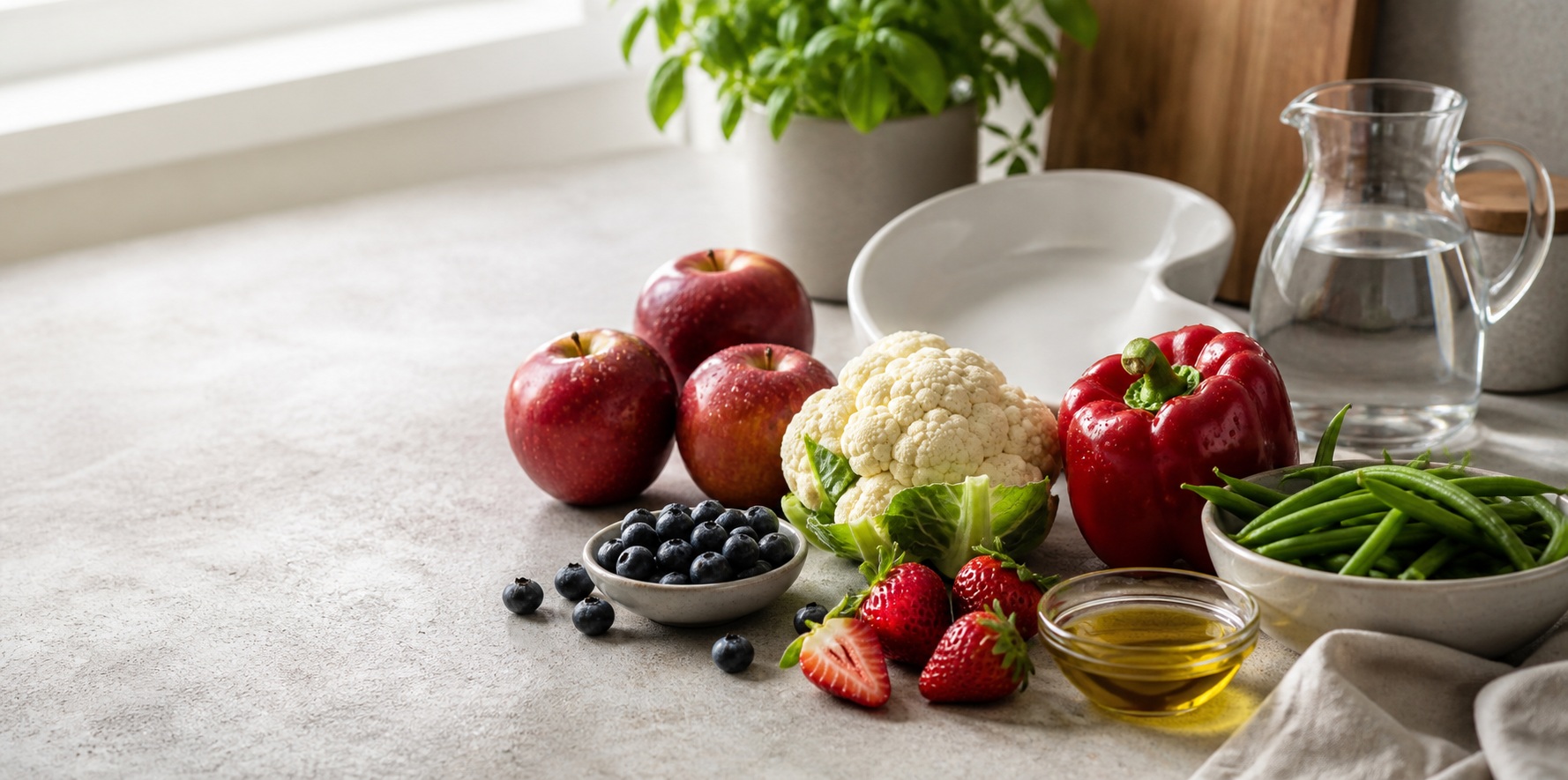 Aliments frais favorables à la santé rénale : pommes, chou-fleur, poivron rouge, haricots verts, fruits rouges, huile d’olive et eau sur un plan de travail lumineux.