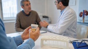 Consultation de néphrologie avec échantillon d’urine et matériel médical pour comprendre le calcul de la clairance à la créatinine