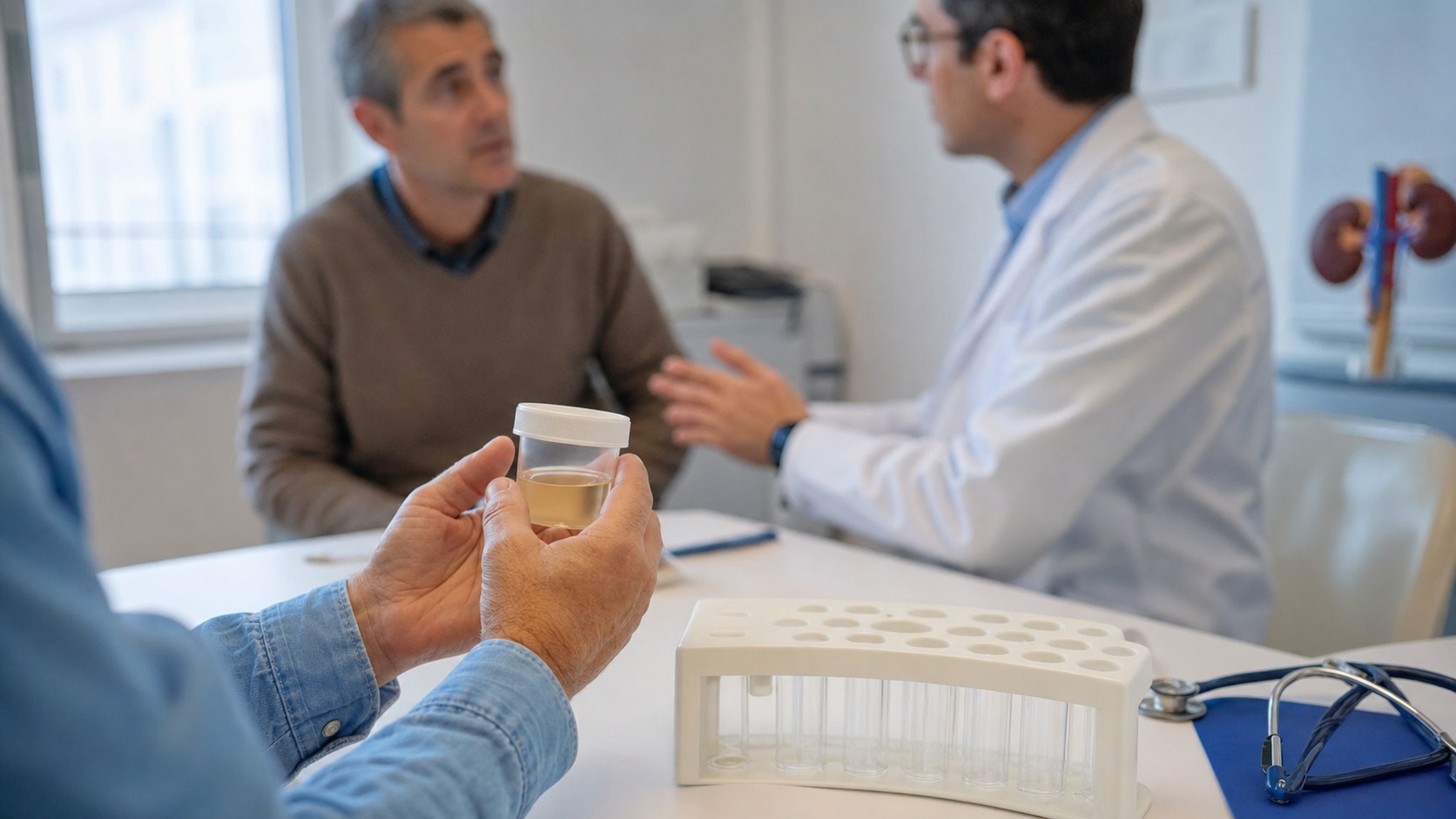 Consultation de néphrologie avec échantillon d’urine et matériel médical pour comprendre le calcul de la clairance à la créatinine
