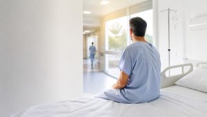 Patient assis sur un lit dans une chambre d’hôpital lumineuse après une prise en charge médicale, illustration de la durée d’hospitalisation liée à un calcul rénal.