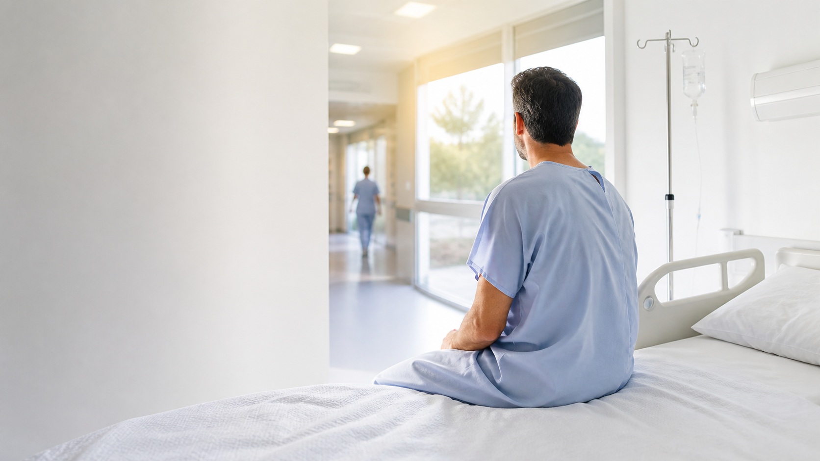 Patient assis sur un lit dans une chambre d’hôpital lumineuse après une prise en charge médicale, illustration de la durée d’hospitalisation liée à un calcul rénal.