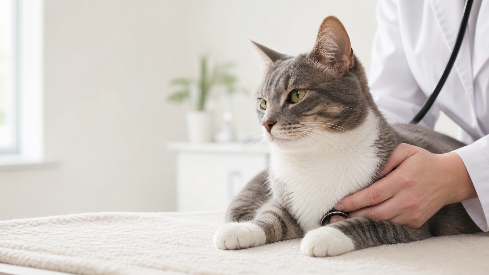 Chat gris et blanc examiné avec un stéthoscope par un vétérinaire dans une clinique lumineuse.