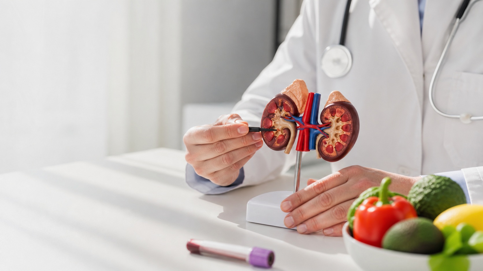 Médecin néphrologue examinant un modèle anatomique de reins, avec tube de prélèvement sanguin et aliments riches en potassium.