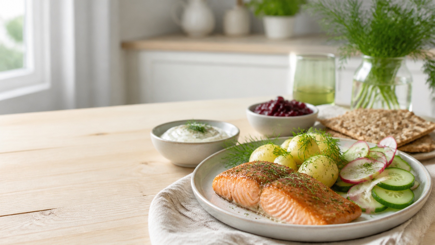 Table nordique présentant un repas suédois sain avec saumon rôti, pommes de terre à l’aneth, salade croquante et pain de seigle