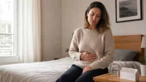 Femme assise sur un lit, une main sur le bas-ventre, illustrant l’inconfort lié à une infection urinaire à domicile.