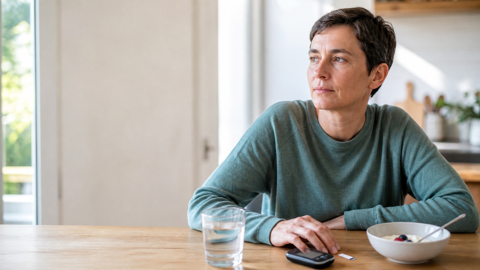 Patient adulte surveillant sa glycémie pendant une période de jeûne, assis à une table de cuisine lumineuse avec un lecteur de glycémie et un verre d’eau.
