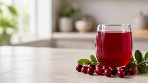 Verre de jus de cranberry rouge avec canneberges fraîches sur un plan de travail clair, dans une cuisine lumineuse.