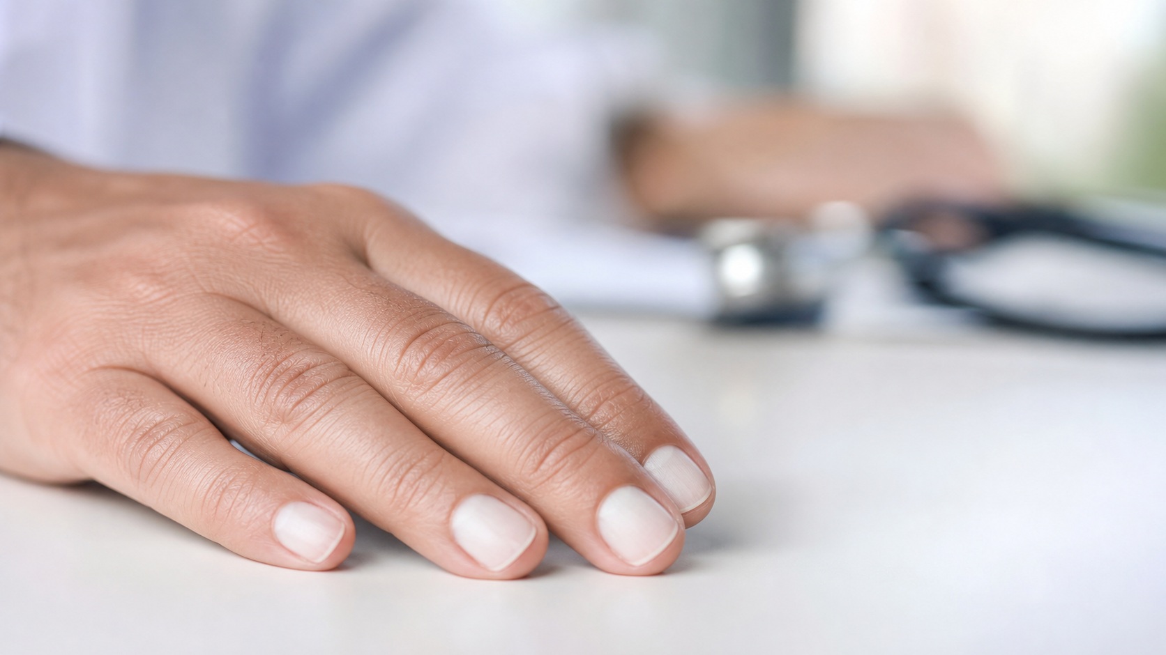 Gros plan photoréaliste d’une main adulte aux ongles blanchâtres posée sur une table de consultation médicale, avec stéthoscope flou en arrière-plan.
