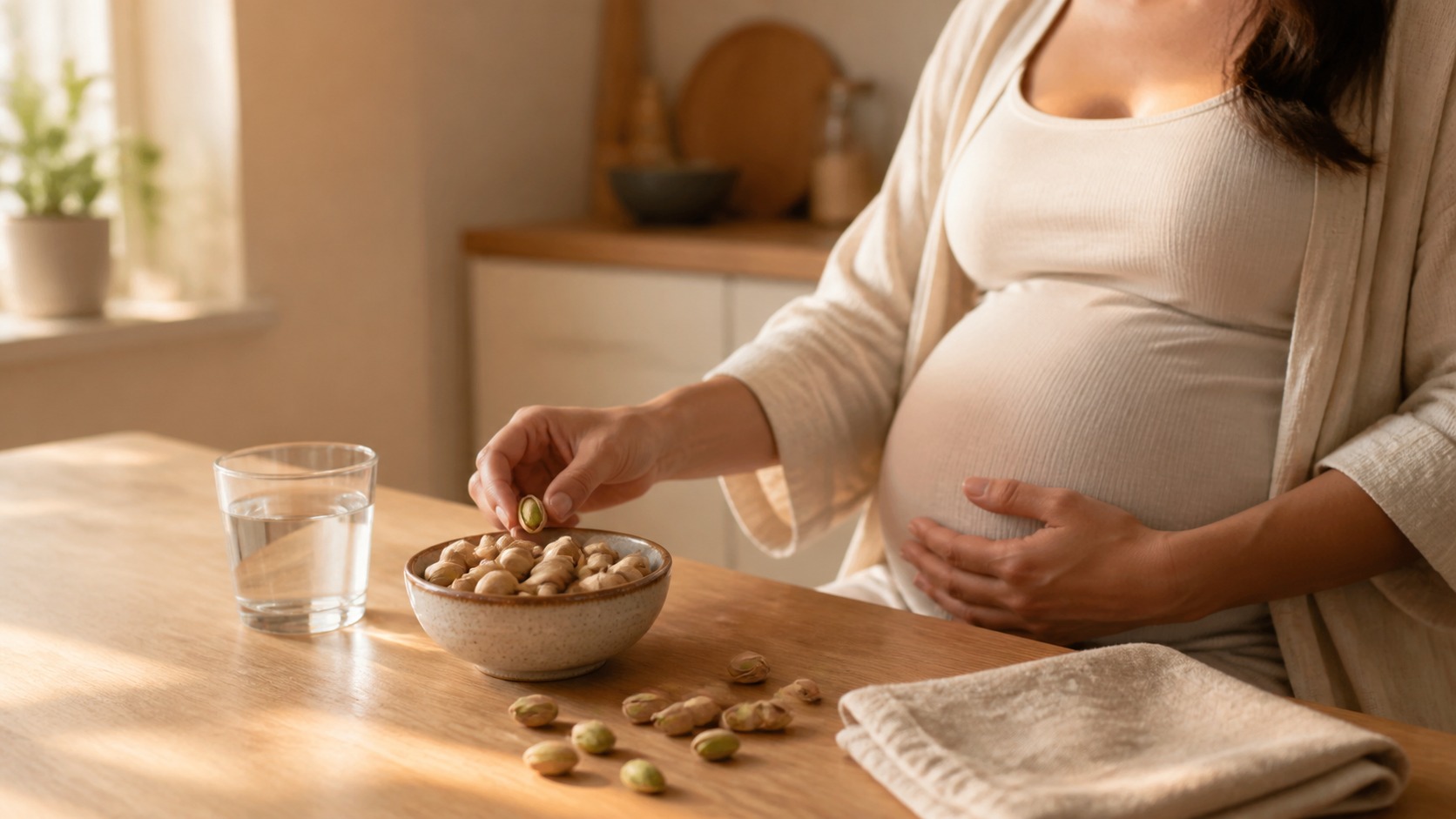 Femme enceinte à une table en bois, tenant une pistache près d’un bol de pistaches et d’un verre d’eau dans une cuisine lumineuse.