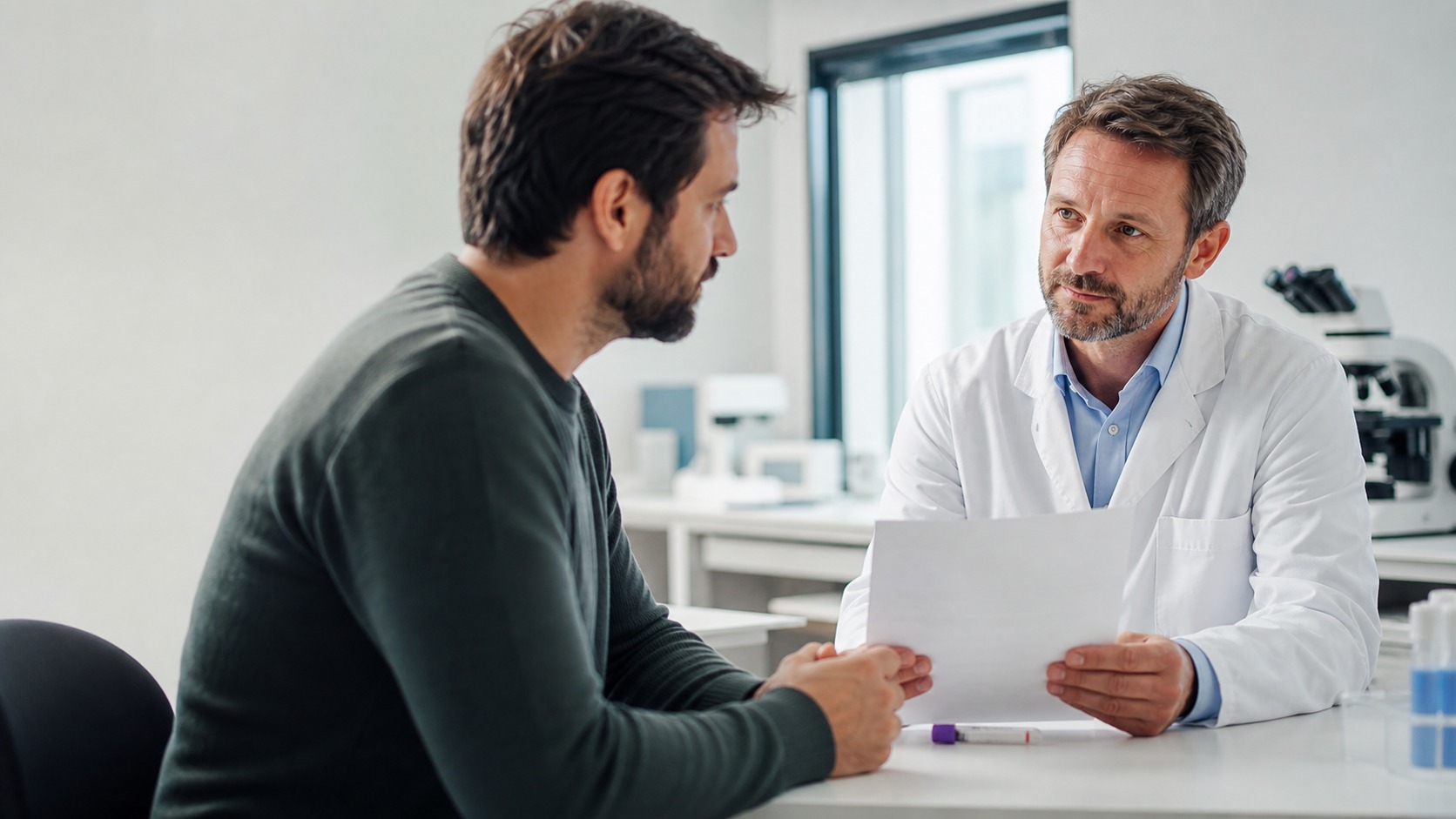 Consultation médicale en laboratoire avec médecin et patient autour d’un résultat de prise de sang pour une sérologie de l’hépatite B