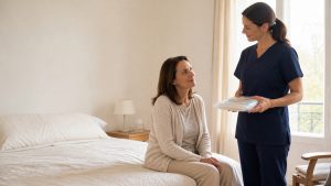 Femme adulte assise sur un lit, accompagnée par une soignante présentant un kit de soins pour sonde urinaire dans une chambre lumineuse et rassurante.