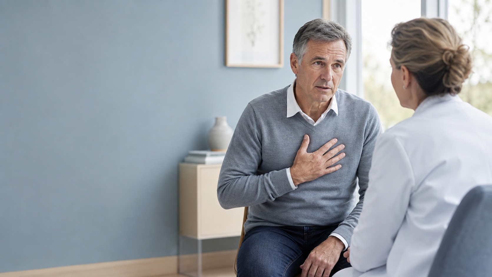 Patient d’âge mûr présentant une gêne thoracique lors d’une consultation médicale, illustration photoréaliste des symptômes possibles d’un excès de potassium