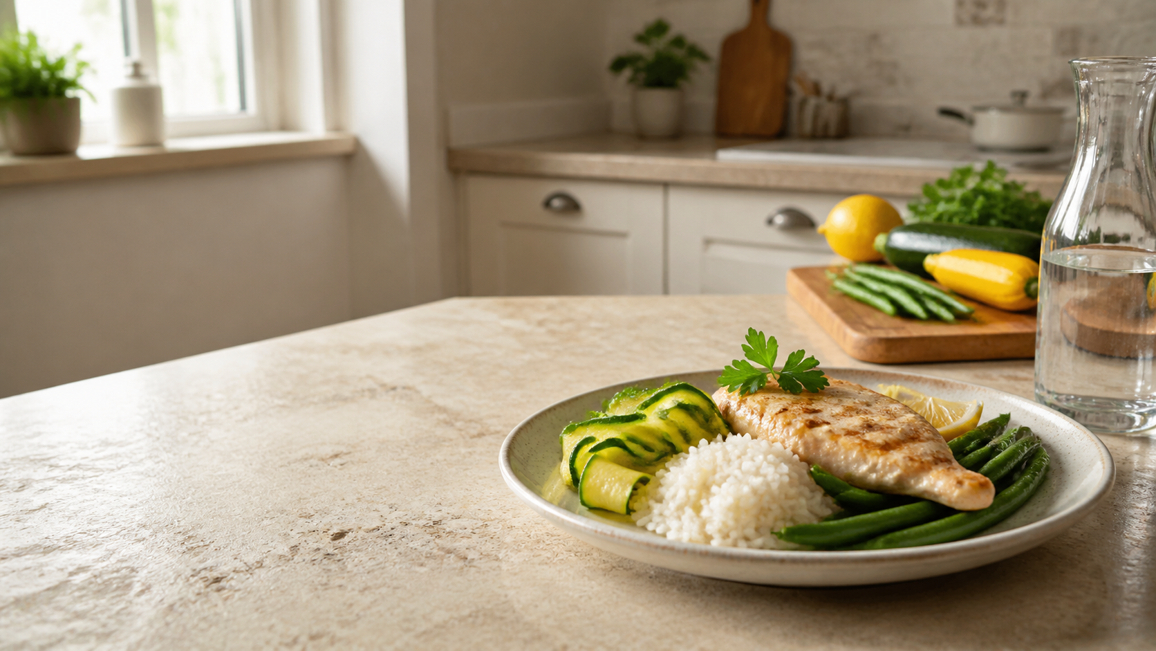 Assiette de poulet grillé, riz blanc, haricots verts et courgettes dans une cuisine lumineuse, illustration d’une recette adaptée à l’insuffisance rénale