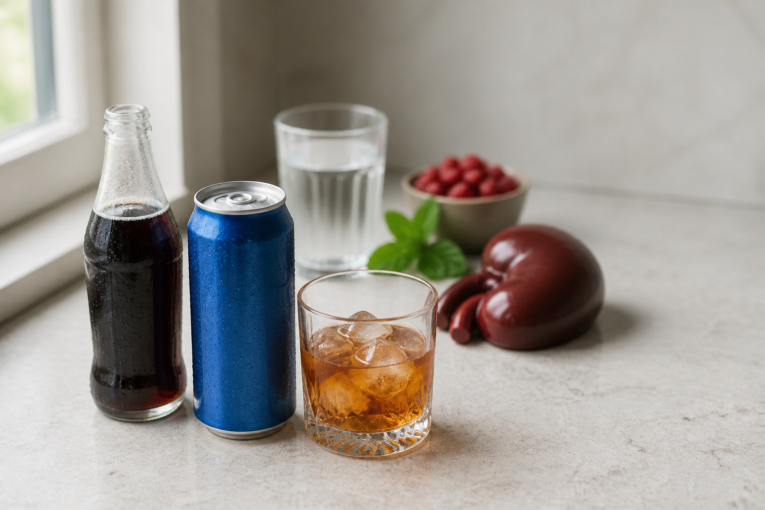 Boissons à limiter pour la santé des reins : soda, boisson énergisante et alcool, avec un verre d’eau en arrière-plan