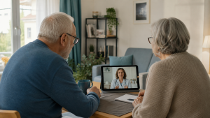 Couple de seniors participant à une téléconsultation à domicile