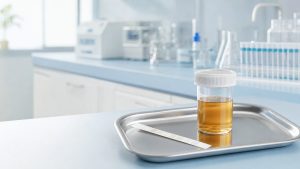 Flacon d’échantillon urinaire ambré et bandelette de test sur un plateau en laboratoire médical, illustration du dosage des corps cétoniques dans les urines.