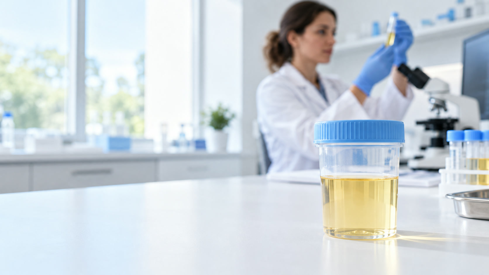 Échantillon d’urine en laboratoire avec professionnelle de santé en arrière-plan, illustration photoréaliste d’une analyse urinaire.