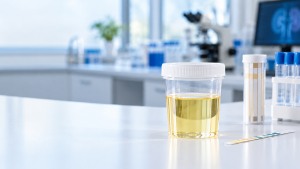 Échantillon d’urine jaune pâle et bandelette d’analyse du glucose sur un plan de travail de laboratoire médical moderne