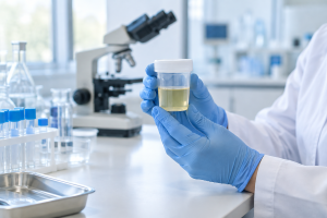 Photo réaliste d’un échantillon d’urine stérile manipulé avec des gants dans un laboratoire médical lumineux.