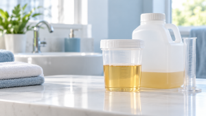 Récipient gradué et flacon de recueil d’urines sur un plan de travail blanc, illustrant la mesure de la quantité d’urine sur 24 heures.