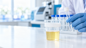 Échantillon d’urine sur un plan de travail de laboratoire médical moderne, avec une main gantée et un tube d’analyse flou en arrière-plan.
