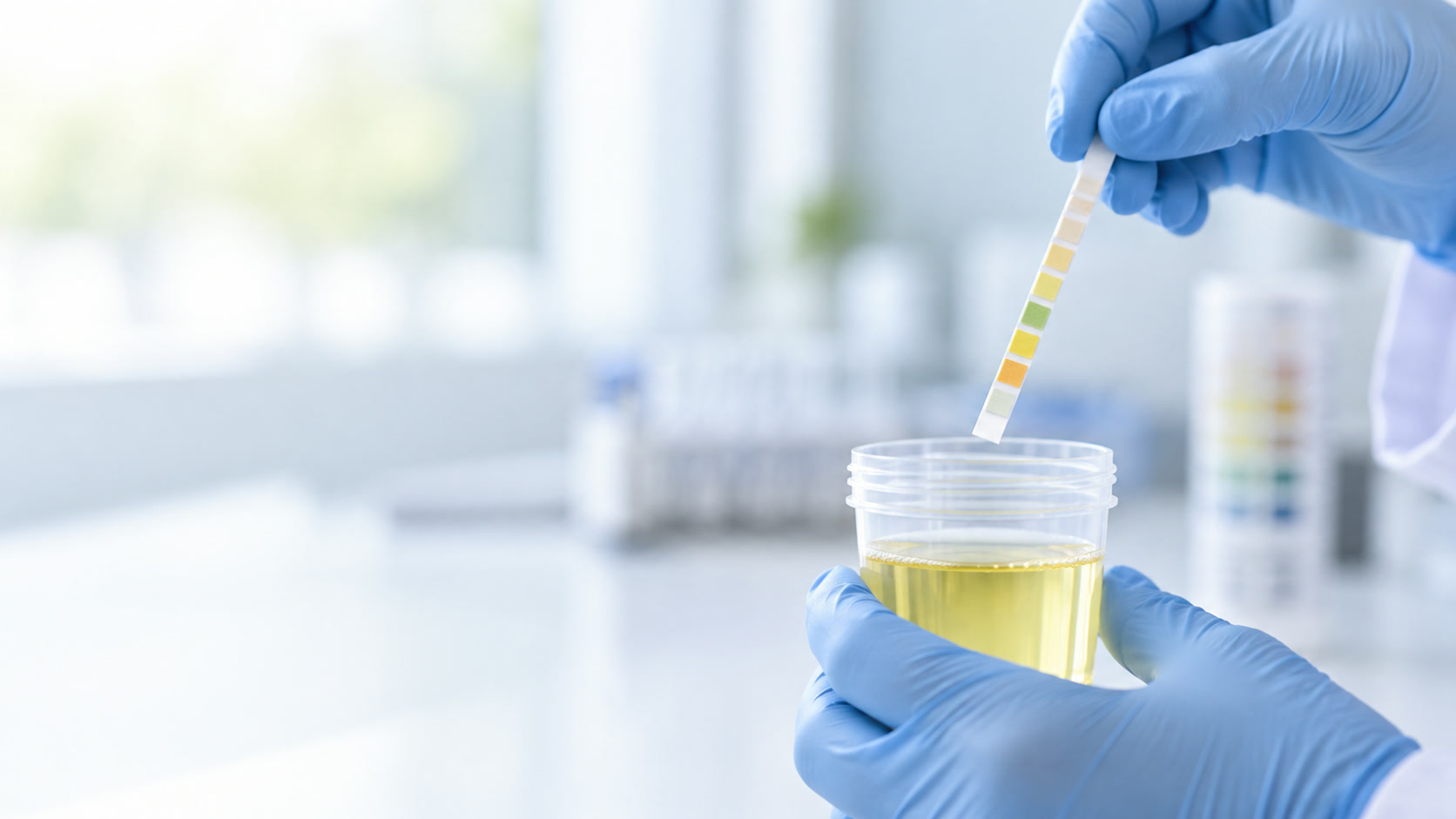Test urinaire par bandelette tenu au-dessus d’un flacon d’échantillon dans un environnement de laboratoire clinique lumineux