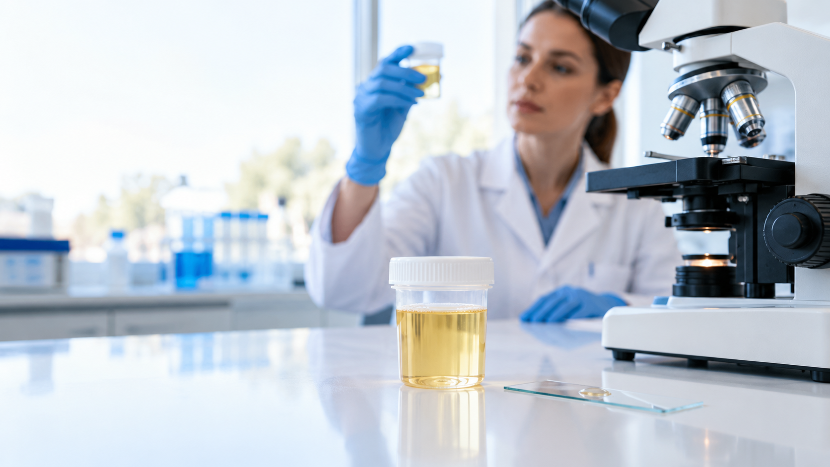 Analyse d’urine en laboratoire clinique avec flacon stérile, lame et microscope pour illustrer la recherche de leucocytes et d’hématies dans les urines.