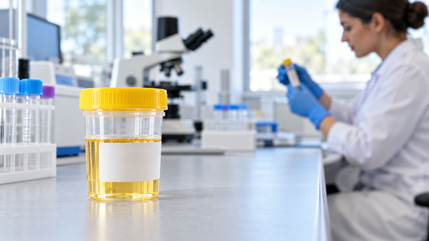 Flacon stérile de prélèvement d’urine sur un plan de travail de laboratoire médical, avec technicien en arrière-plan flou.
